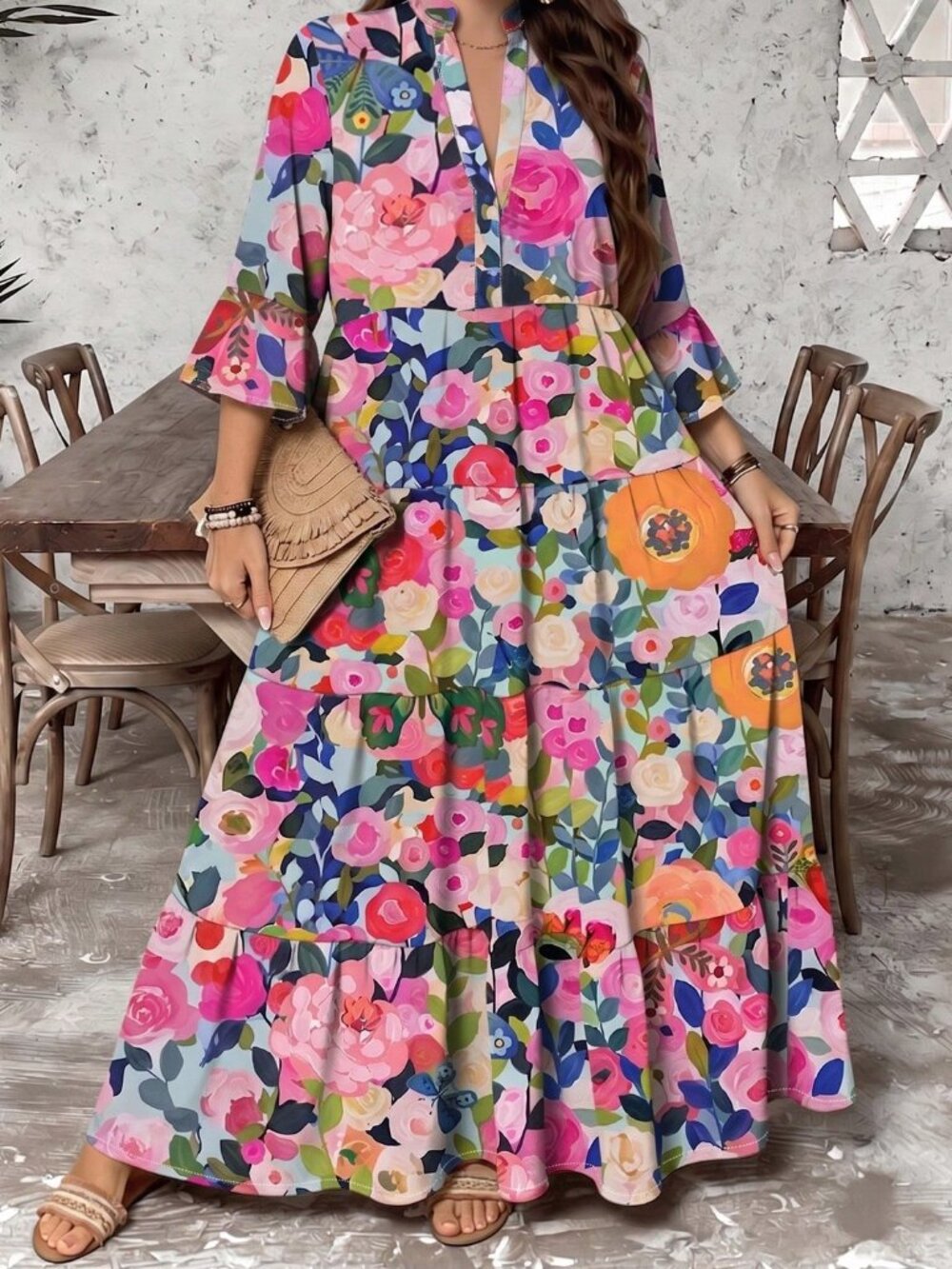 Boho Multicolor Women's Elegant Floral Plus Size Long Sleeve Dress
